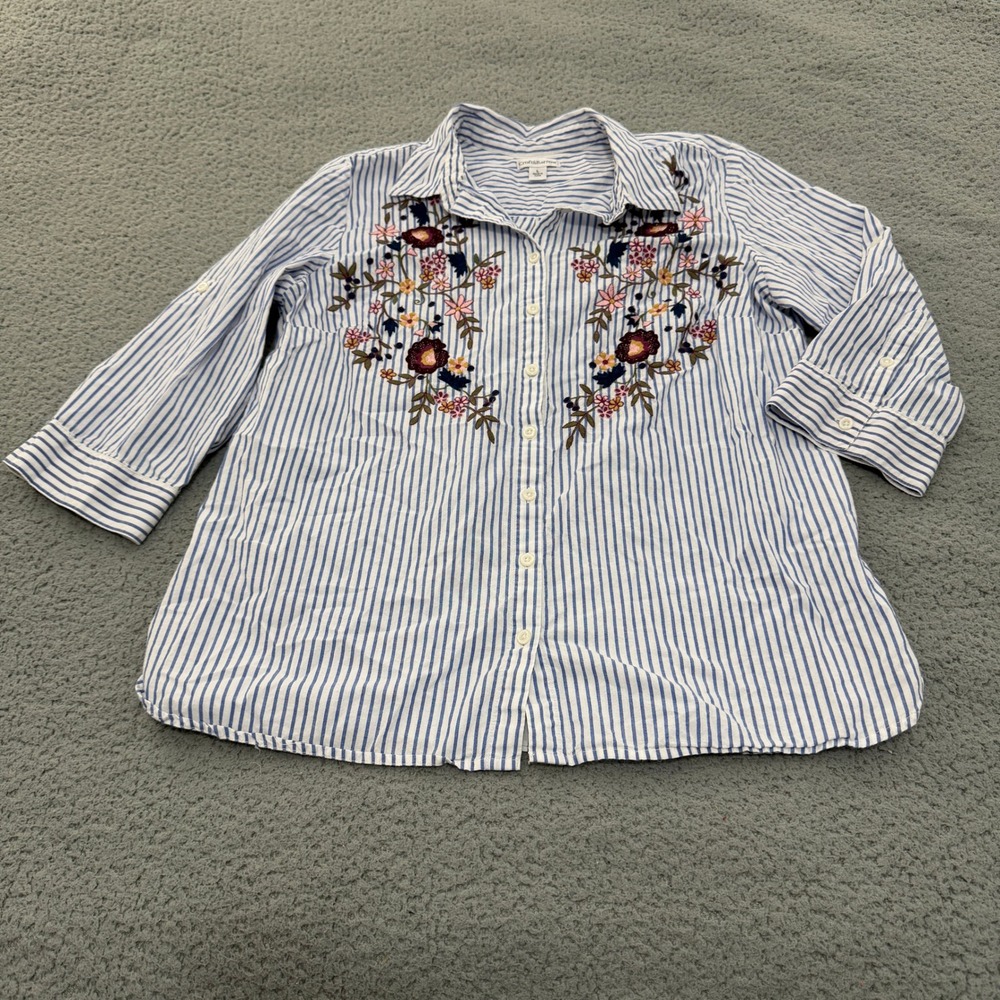 Croft & Barrow Blue White Striped Floral Embroidered 3/4 Roll Tab Sleeve Shirt L